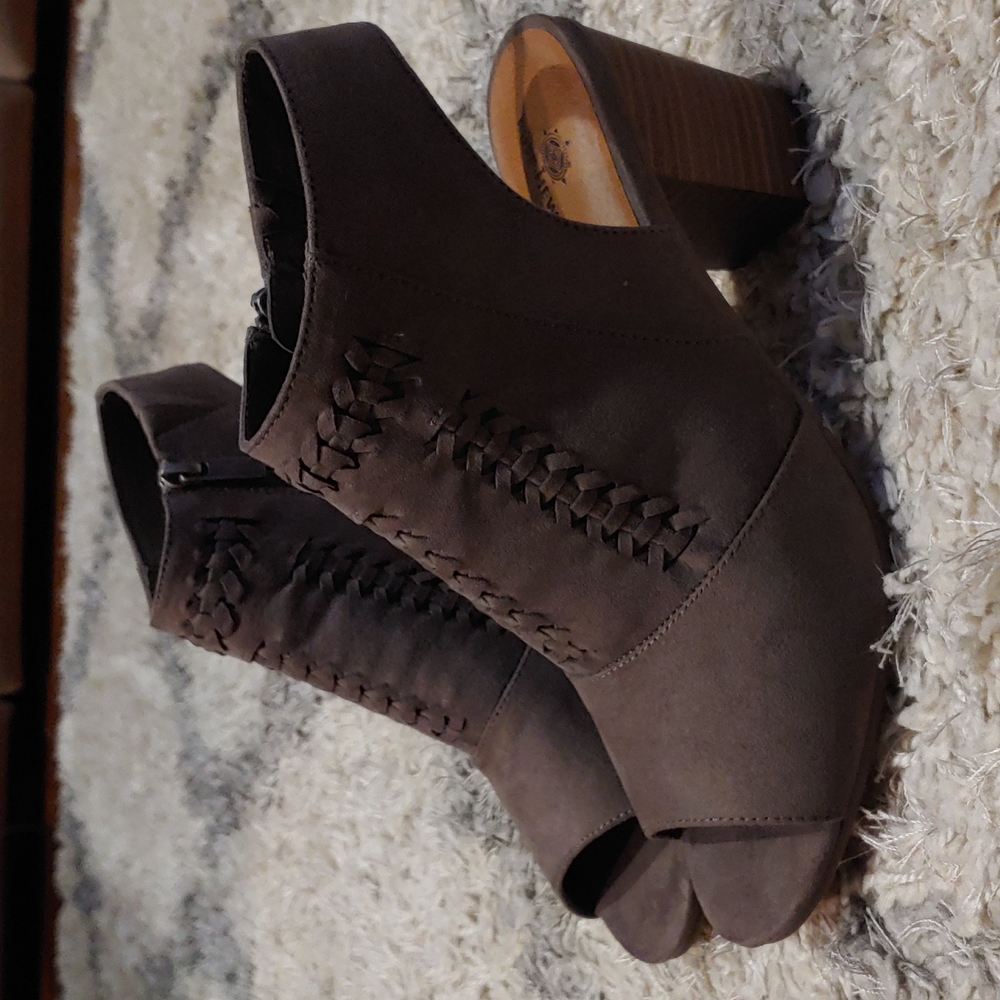 Dark grey, open toe, ankle boots, size 9.5